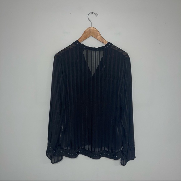 Zara Blouse Women’s Size Medium Black Striped Sheer Satin Silver Studded Ruffle - Picture 8 of 11